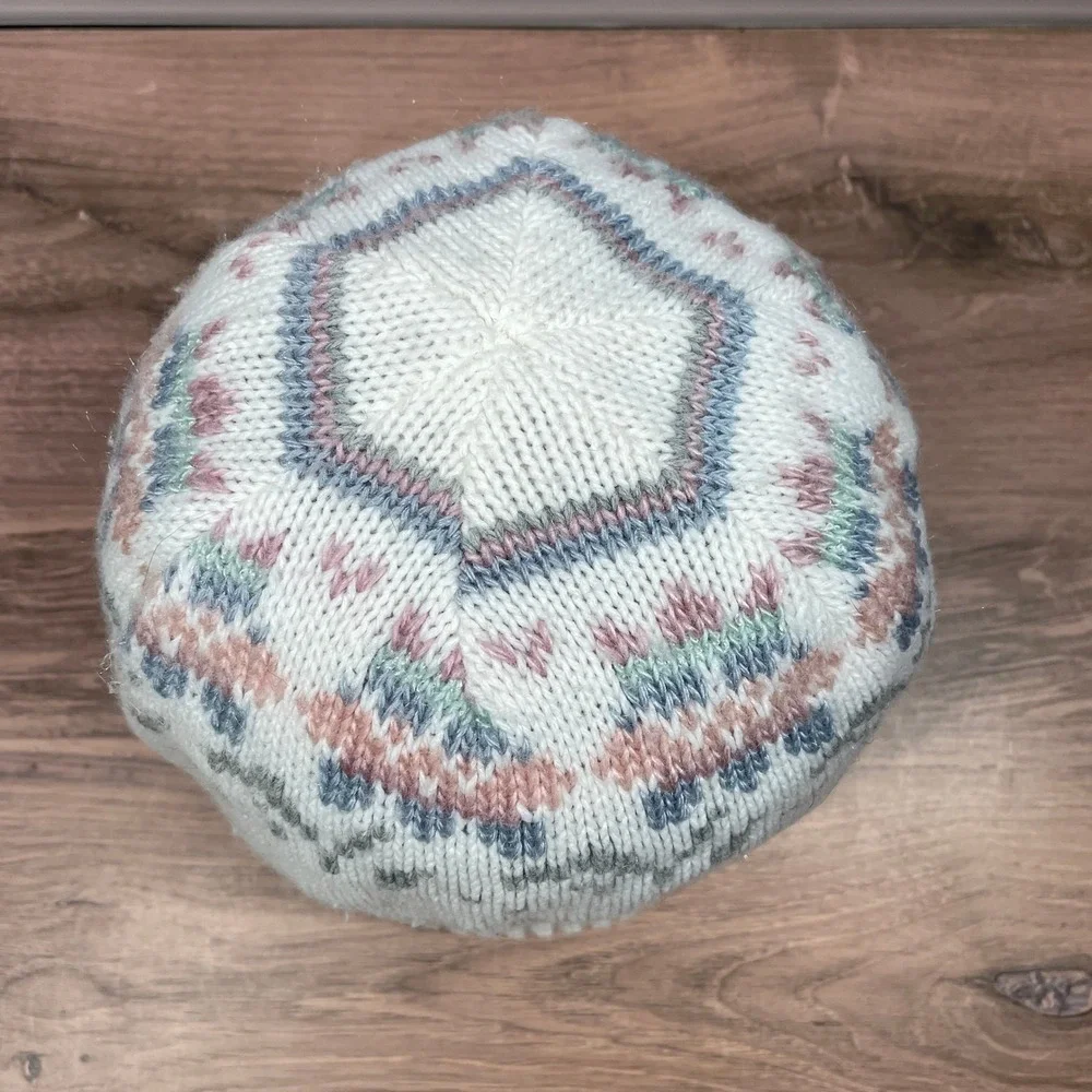 Vintage Hansen Womens Knit Beanie Hat and Gloves‎ Set Fair Isle White Pink Blue